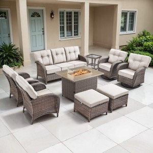 Belord Brown Wicker 9 Piece Patio Furniture Set with 5" Thick Cushions, 41" Propane Fire Pit Table Set with Swivel Glider Chairs and Club Chairs - 1 of 4