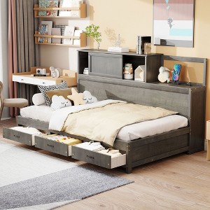 TIRAMISUBEST Full Size Wooden Daybed with 3 Storage Drawers, Upper Soft Board, shelf, and a set of Sockets and USB Ports - 1 of 4