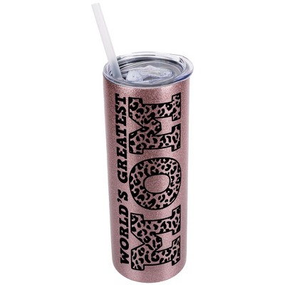 Elanze Designs Leopard Pattern Bubblegum Pink 20 Ounce Double Wall Stainless Steel Glitter Travel Tumbler With Sliding Lid And Straw, World's Greatest