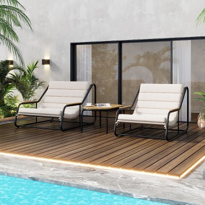 3 Piece Outdoor Seating Set,Iron Frame Patio Garden Lounge Set with Acacia Side Table,Textilene Fabric Upholstered Poolside Arm Chair-Coolbibila