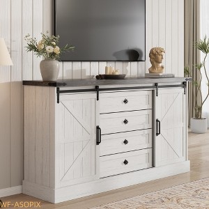 Farmhouse Wood TV Stand with Sliding Barn Doors & 4 Large Drawers - 1 of 4