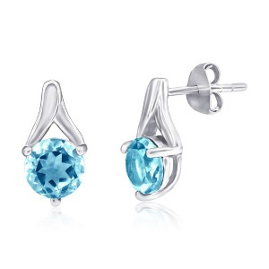 Bella Silver Sterling Silver, Round 6MM Stone Earrings - Created Aquamarine - Blue - 1 of 2