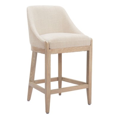 HomeRoots 27" Beige and Natural Fabric and Solid Wood Counter Height Bar Chair
