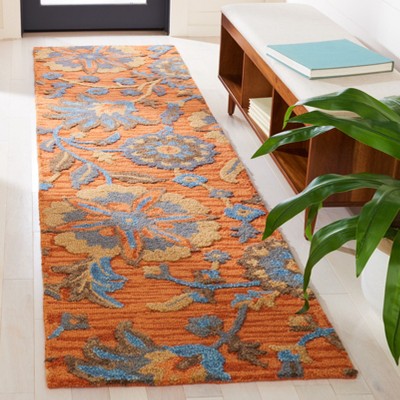 Rust and Blue Floral Wool Runner Rug