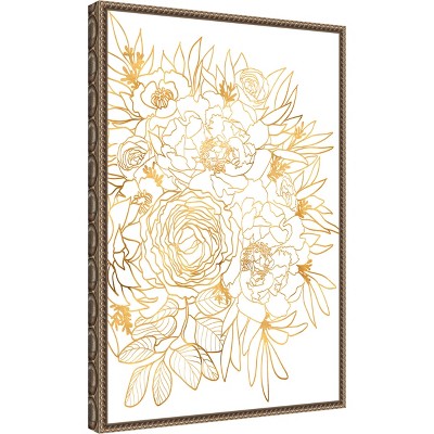 Gold Botanical-Inspired Floral Canvas Print with Beaded Frame