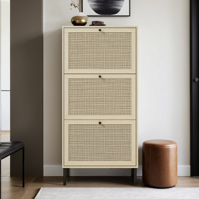 Freestanding Shoe Storage Cabinet with Rattan 3 Door Shoe Rack - Leovsnove