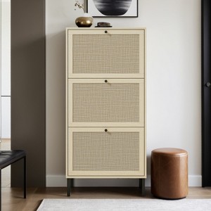 Freestanding Shoe Storage Cabinet with Rattan 3 Door Shoe Rack - Leovsnove - 1 of 4