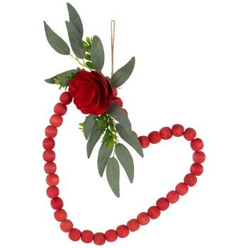Northlight Wooden Beads with Rose Valentine's Day Heart Wall Decoration - 10.25" - Red