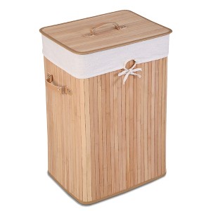 Costway Rectangle Bamboo Hamper Laundry Basket Washing Cloth Bin Bag Lid Black/Natural/Brown/Bamboo - 1 of 4