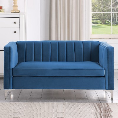 55 in. Wide Mid-Century Channel Tufted Velvet 2-Seater Sofa Couch Loveseat Blue - Morden Fort