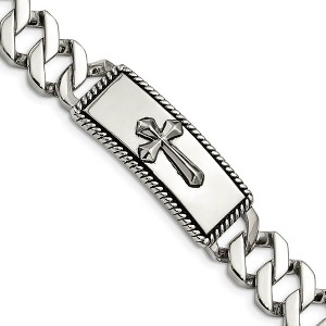 Black Bow Jewelry Men's Stainless Steel Antiqued Cross I.D. Curb Bracelet, 8.5 Inch - 1 of 4