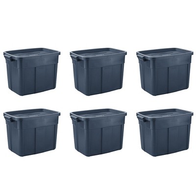 Rubbermaid Roughneck 72 quart Rugged Storage Tote in Dark Indigo Metallic with Lid and Handles for Home, Basement, Garage, (6 Pack)