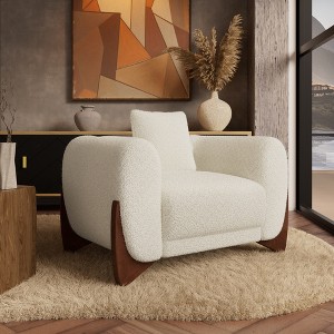 Boucle Chair, Upholstered Accent Chair Tilted Wooden Leg with Durable Comfy Boucle Thick Cushion & Pillow for Living Room - 1 of 4