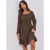 Long Lantern Sleeve Swing Dress with Square Neck & Ruffle Hem, Elastic Waist A-Line Short Dress for Women, Fall Fashion Brown - 4 of 4