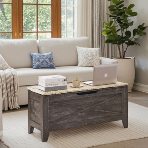VECELO 18/30/43" Storage Ottoman Wooden Bench with Wicker-Knot Cushions Toy Box Organizer with Safety Hinges Charcoal Gray/White - 1 of 4