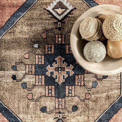 Gray and Rust Medallion 8' x 10' Washable Synthetic Area Rug