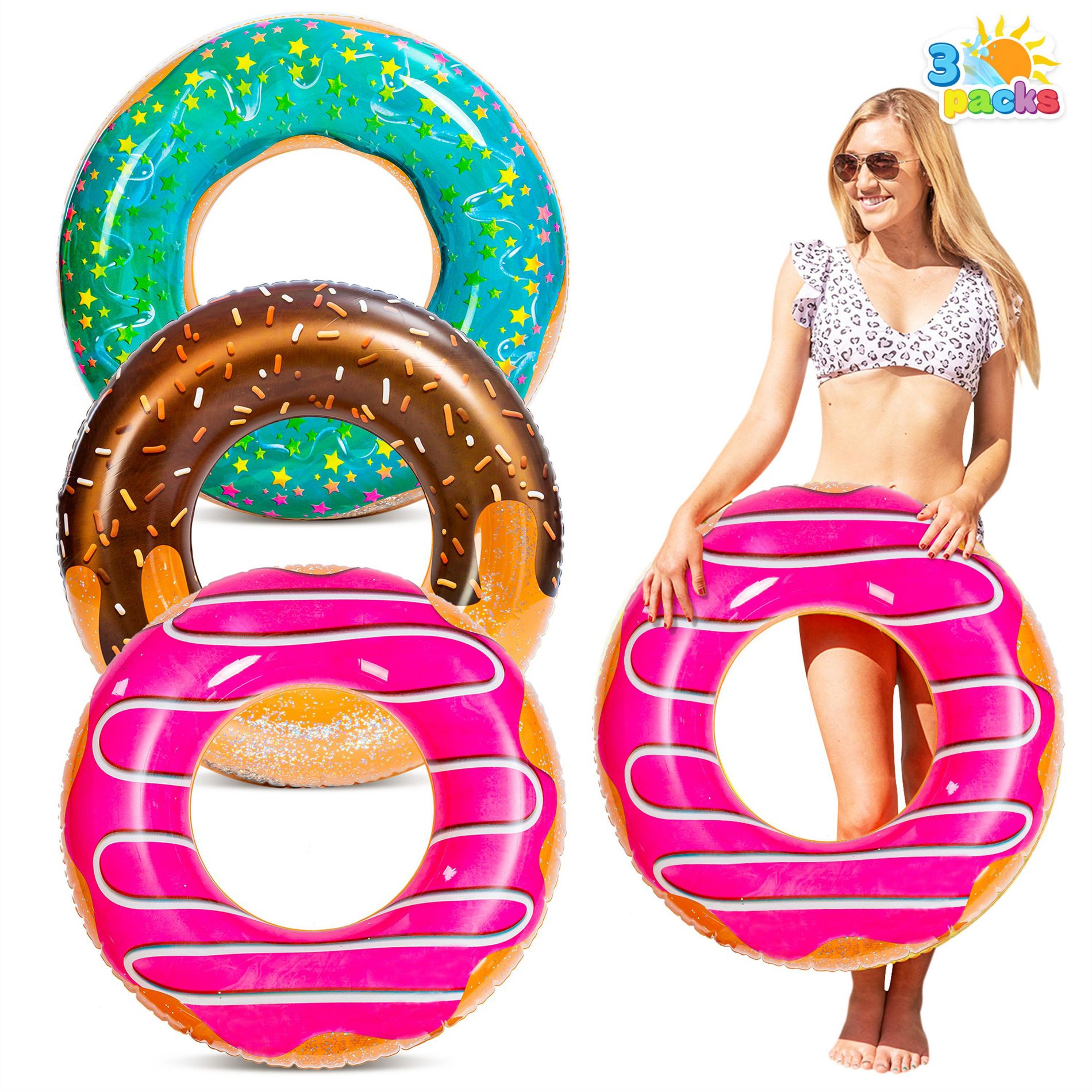Joyfy 3 Packs 32.5” Pool Float Tube, Donut Pool Float with Glitters, Inflatable Funny Tube Pool Toys for Donut Party Supplies, Swimming Pool Party Fun