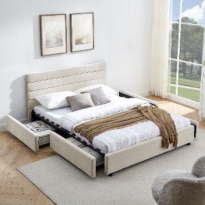 CAVINAS Queen Size Cushioned Bed Frame, Comfortable Upholstered Platform Beds with Headboard and Solid Bed Frame - 1 of 4