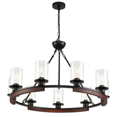 PAKOKULA Black Rustic Farmhouse Wagon Wheel Chandelier 9-light Fixture for Dining Room Kitchen Island