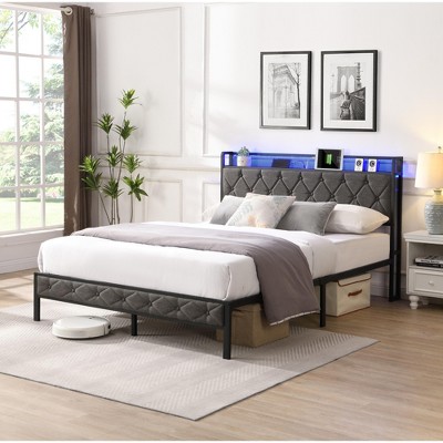 77.80"King Bed Frame with Storage Headboard, Charging Station and LED Lights, Upholstered Platform Bed with Heavy Metal Slats, No Box Spring Needed, Noise Free, Easy Assembly, Dark Gray