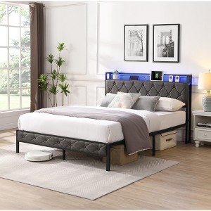 77.80"King Bed Frame with Storage Headboard, Charging Station and LED Lights, Upholstered Platform Bed with Heavy Metal Slats, No Box Spring Needed, Noise Free, Easy Assembly, Dark Gray - 1 of 4