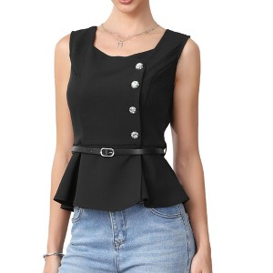 INSPIRE CHIC Women's Business Casual Square Neck Sleeveless Button Down Ruffle Hem With Belt Top - 1 of 4