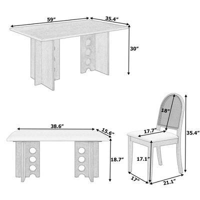 Brown Solid Wood Dining Set with Rattan Chairs and Bench