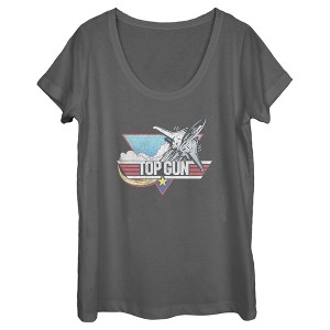Women's Top Gun Distressed Fighter Jet Logo Scoop Neck - 1 of 4