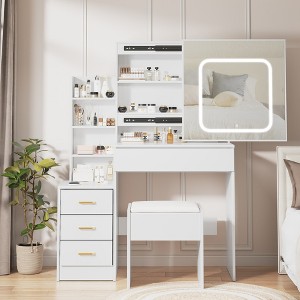 Vanity Desk With Mirror and LED Lights, Makeup Vanity Desk With Sliding Mirror, Power Outlet, Dressing Table With 4 Drawers - 1 of 4