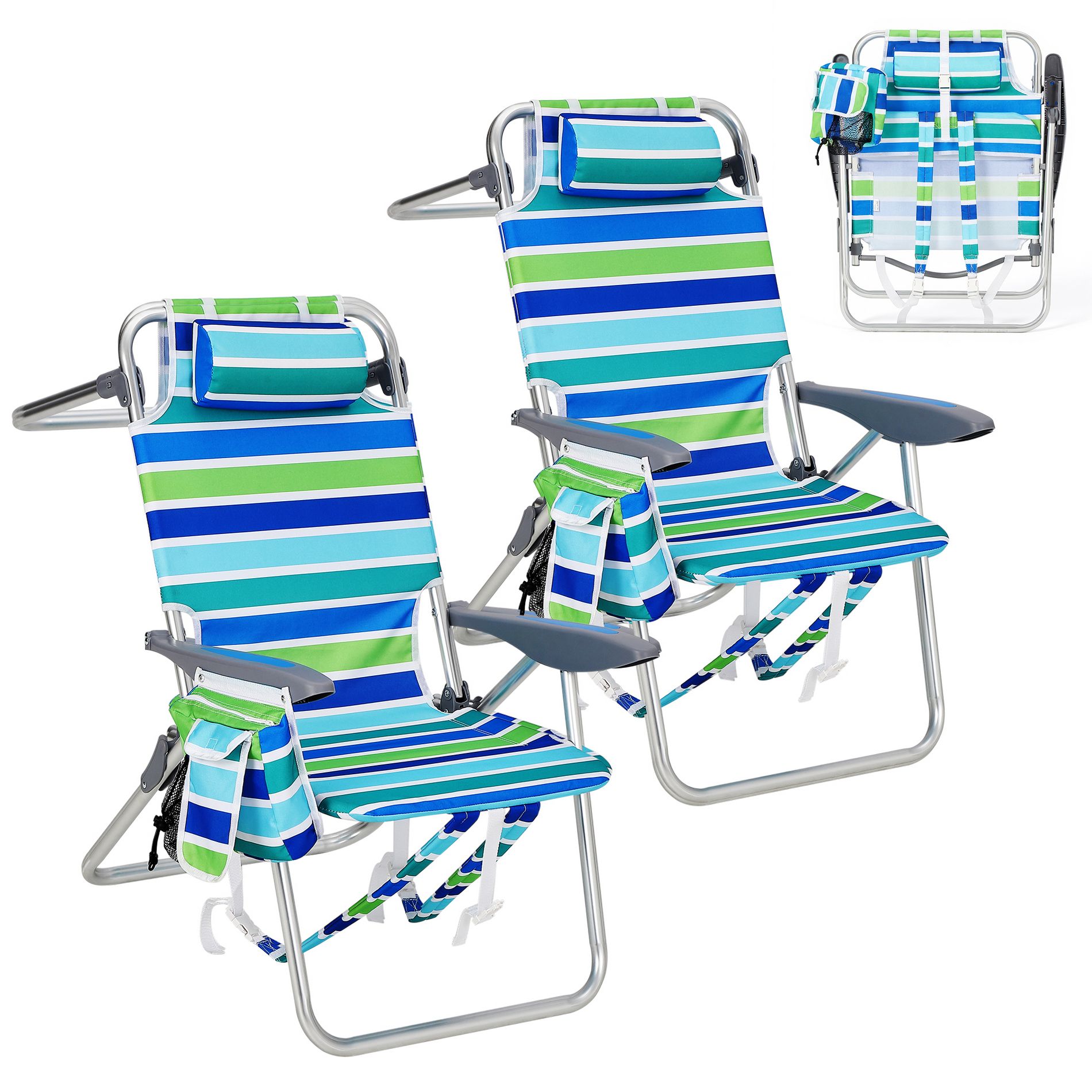 2-Pack High Backpack Beach Chairs for Adults, 5-Position Lay Flat Folding Chairs with Cooler Pouch, Cup Holder, Towel Bar & Backpack Straps