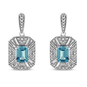 Haus of Brilliance Silver 7x5MM Emerald Blue Topaz and Diamond Accent Art Deco Halo Drop Earrings - 1 of 4