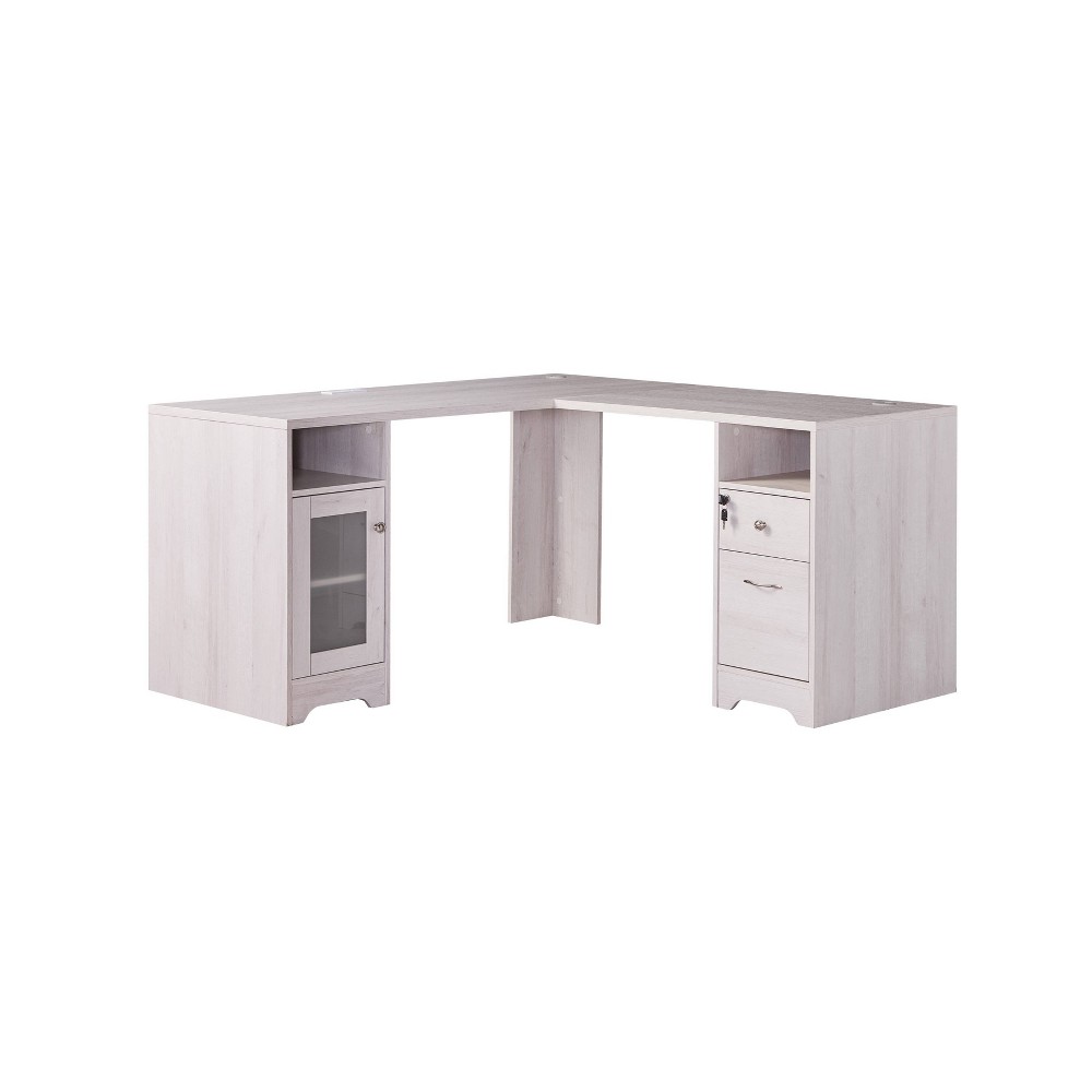 Ghally Locking Drawer L-Shape Desk with USB Ports White Oak - miBasics: Equipped with File Storage, Matte Finish