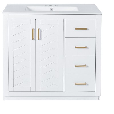 Vynxaria 36'' Bathroom Vanity with Ceramic Sink, Solid Wood Frame, Freestanding Cabinet with 3 Drawers & Soft Closing Doors