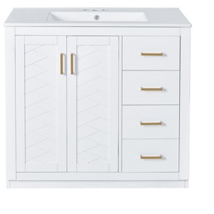 Vynxaria 36'' Bathroom Vanity with Ceramic Sink, Solid Wood Frame, Freestanding Cabinet with 3 Drawers & Soft Closing Doors - 1 of 4