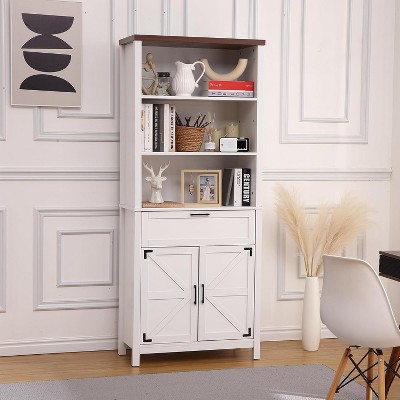 6-Tier Farmhouse Bookcase w/ Doors & Drawer, Adjustable Shelf Storage Cabinet for Kitchen, Living Room, Bedroom, White