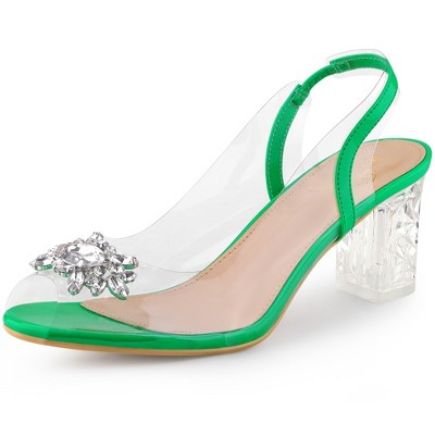 Perphy Women's Clear Slingback Rhinestone Peep Toe Block Sandal Heels