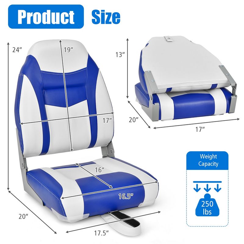 Costway High Back Folding Boat Seats w/ Blue White Sponge Cushion & Flexible Hinges, 4 of 9