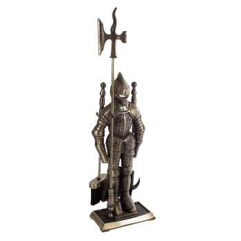 Hastings Home Medieval Knight Cast Iron Fireplace Tool Set - Antique Brass Finish
