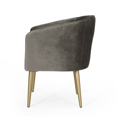 Gray Velvet Upholstered Arm Chair with Gold Metal Legs