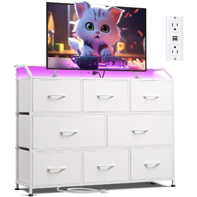 8 Dresser TV Stand with Power Outlets, Led Dresser for Bedroom, Fabric Chest of Drawers with Double Open Shelves, Wood Top, Steel Frame