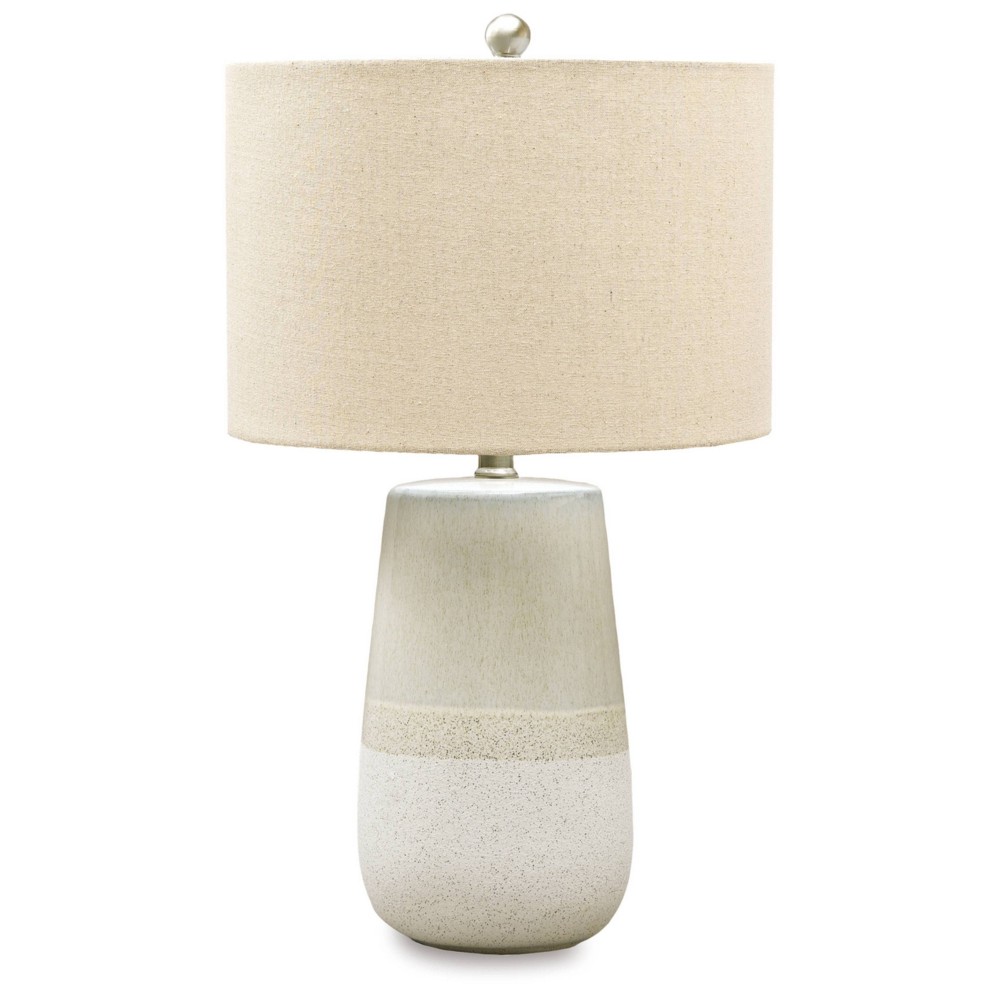 Photos - Floodlight / Street Light Shavon Table Lamp Beige/White - Signature Design by Ashley: Glazed Ceramic, Drum Shade, 3-Way Switch