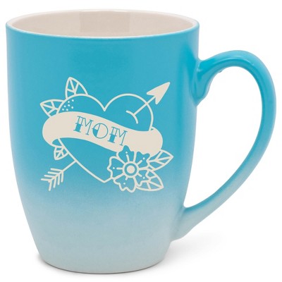 100 North Floral Heart 10 Ounce Blue and White Two Toned Ombre, Comfortably Fits Your Hands, Ceramic Tea Coffee Cup Mug, Mom