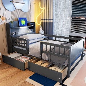 TIRAMISUBEST Twin Size Platform Bed with Built-in LED Light, Multi-functional Headboard, Guardrail and 2 Drawers - 1 of 4