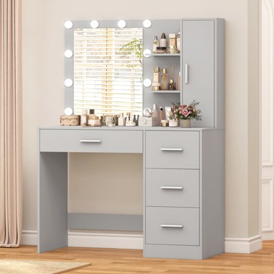USIKEY Makeup Vanity with Lights, Vanity Desk with Mirror and 10 LED Lights, Vanity Table Set with 4 Drawers, Cabinet & 4 Necklace Hooks