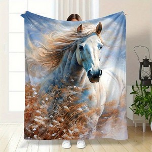 Lomsoe Christmas White Horse Print Flannel Blanket - All Seasons Soft and Warm Throw Blanket for Bed, Napping, Camping, Travel, Office - 1 of 4