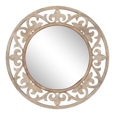 Shovali 32" Natural Wood Carved Round Vanity Mirror