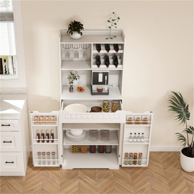 LunaLulinlk White Buffet Cabinet with Hutch - Modern Farmhouse Kitchen Storage Sideboard, Coffee Bar Station or Liquor