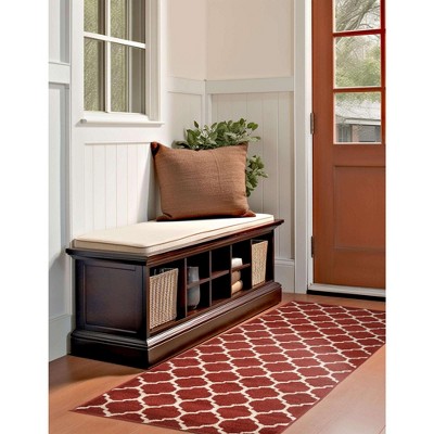 Red and Beige Synthetic Trellis Runner Rug, 6 ft