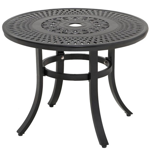 Cast Aluminum Round Patio Dining Table, Brown Patio Dining Table With Umbrella Hole
