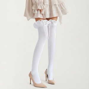 Anna-Kaci Women's Over-the-Knee Tights with Ruffled Trim and Satin Ribbon Bow Detail - White - 1 of 4